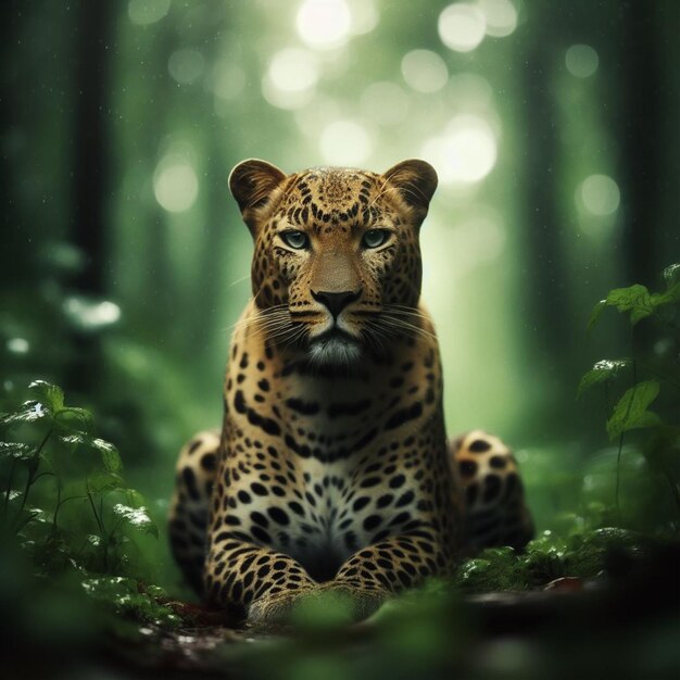 Leopard sitting in a dense green forest