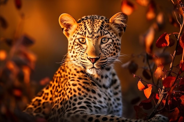 Foto leopardo che emerge furtivamente dalle ombre camuffato nella savana africana durante il glorioso tramonto