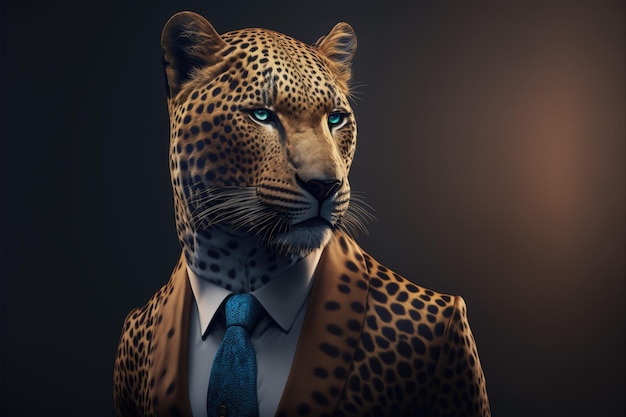 A leopard in a suit with a blue eyes