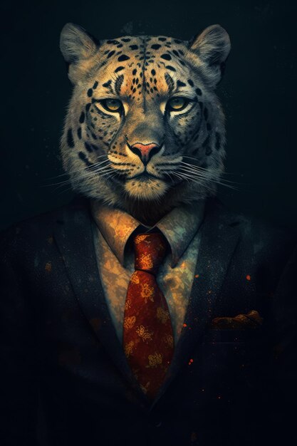 A leopard in a suit with a red tie.