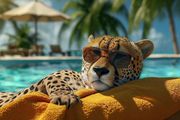 Leopard in sunglasses lying on a sunbed by swimming pool