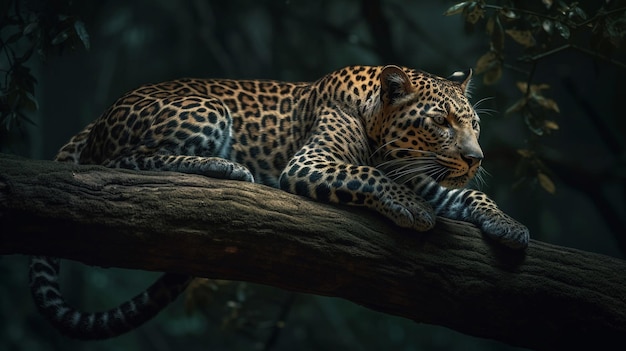 A leopard on a tree branch in the dark