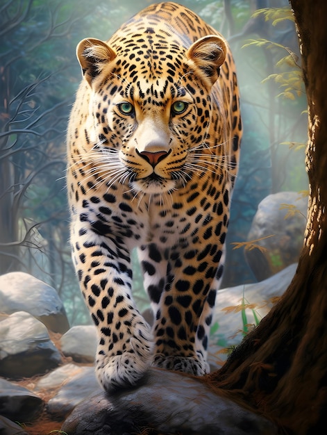 A leopard walking in the forest