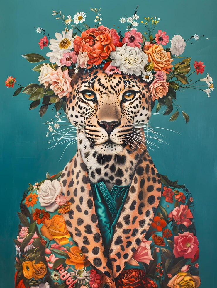 Photo leopard wearing a stylish floral outfit for a portrait