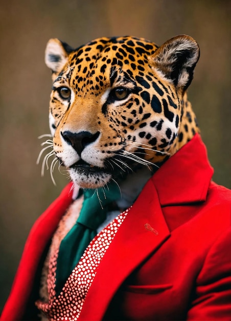 a leopard wearing a suit and tie with a green tie