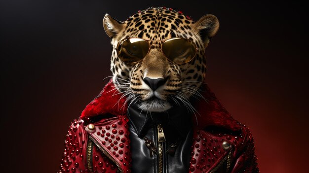 A leopard wearing sunglasses and a leather jacket