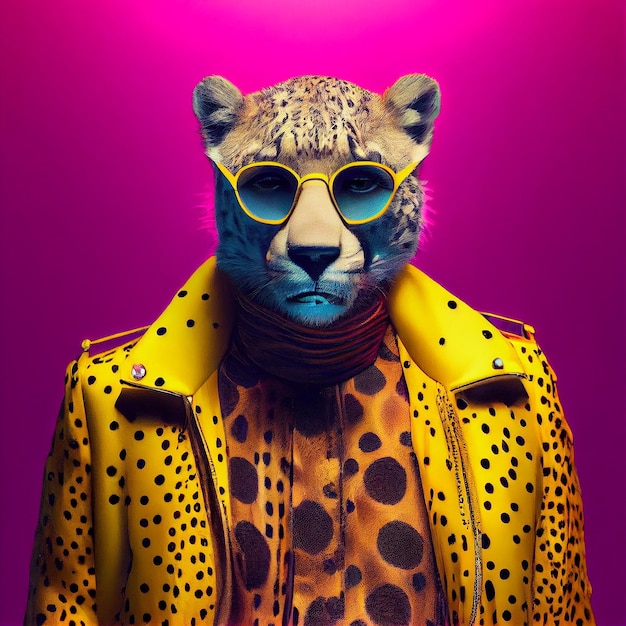 A leopard wearing a yellow jacket and yellow sunglasses.