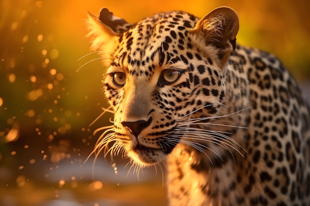A leopard in the wild with a golden background