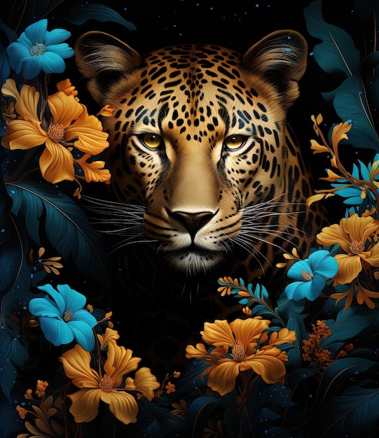 Foto una leoparda con uno sfondo blu di fiori e un leopardo