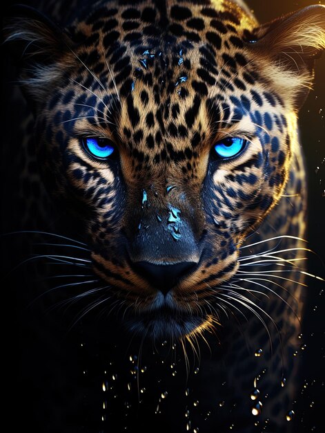 a leopard with blue eyes and a blue eyes