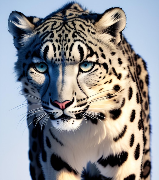 A leopard with blue eyes and a blue sky background