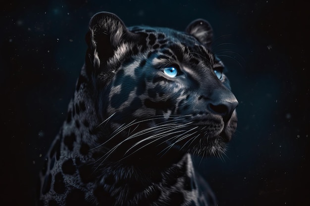 A leopard with blue eyes is shown on a dark background.