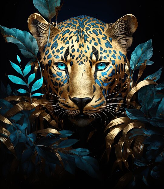 a leopard with blue eyes is shown in a jungle of plants