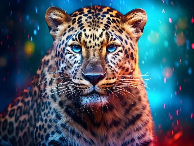 A leopard with blue eyes is shown in this digital art illustration.