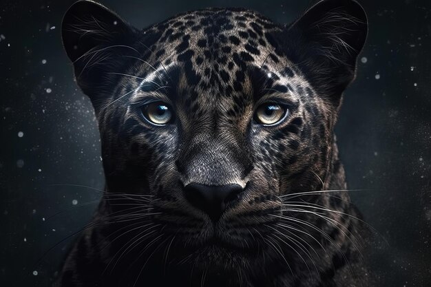 A leopard with blue eyes sits in front of a dark background.