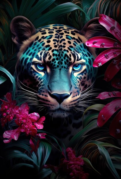 Foto un leopardo con una faccia blu e fiori rosa sullo sfondo