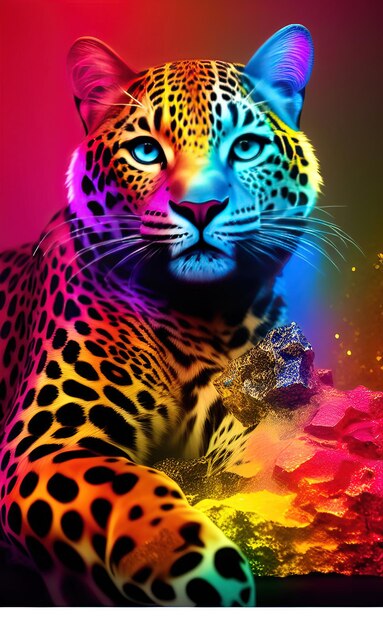 A leopard with a colorful background and a colorful background