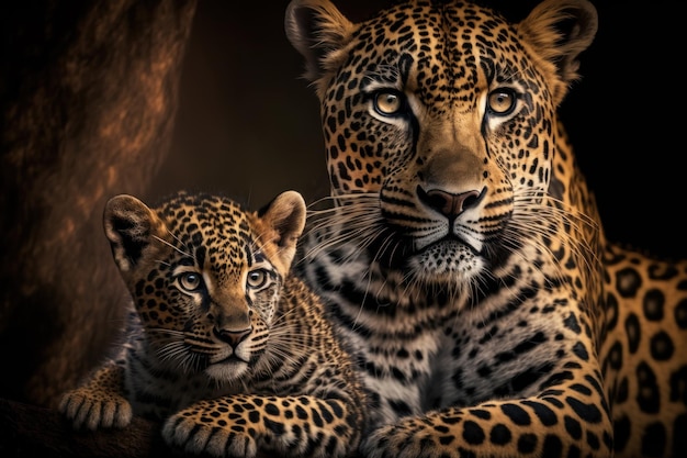 Leopard with cub in natural habitat Generative AI