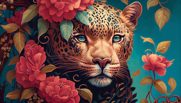 A leopard with flowers on it