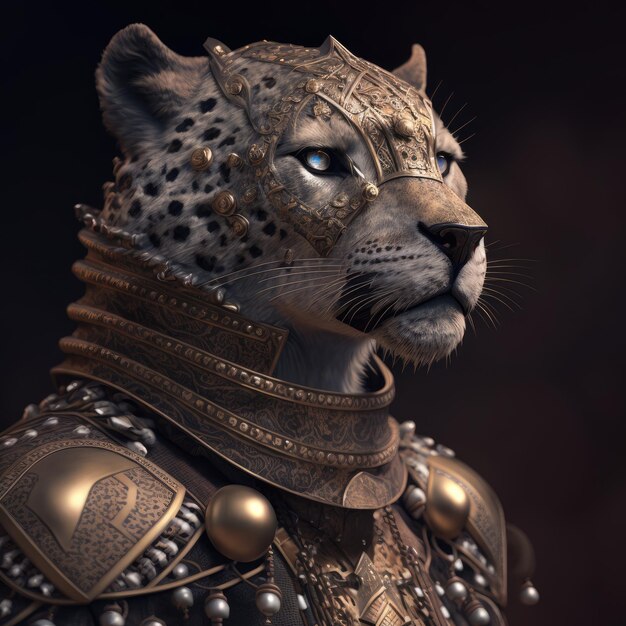 Леопард с золотым пальто и голубыми глазами стоит перед темным фоном.