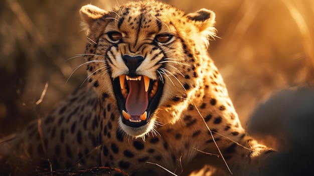 A leopard with its mouth open and the word cheetah on its chest.