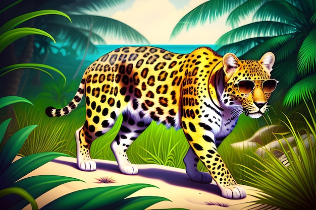 леопард в солнечных очках гуляет по джунглям у моря