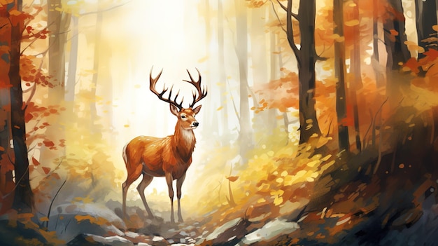 A leos antlered deer stands at the edge of the forest Watercolor autumn illustration