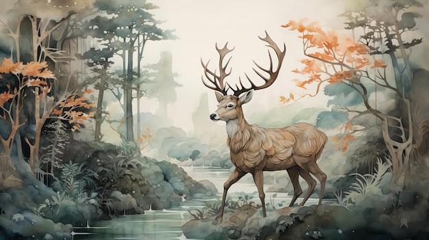 A leos antlered deer stands at the edge of the forest Watercolor autumn illustration