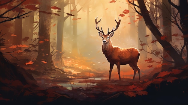 A leos antlered deer stands at the edge of the forest Watercolor autumn illustration