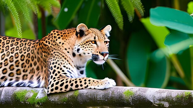 A lepard is sitting on a branch