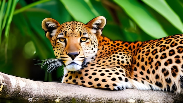 A lepard is sitting on a branch