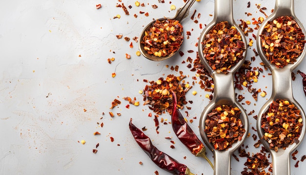 Lepels met chipotle chili flakes en gedroogde jalapeno pepers op een lichte achtergrond