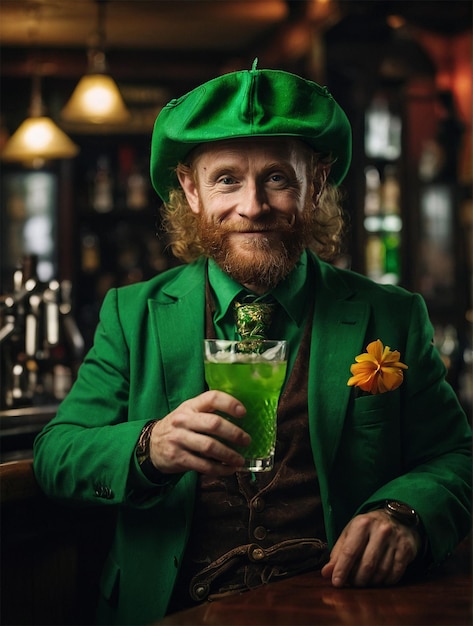 Leprechaun drinking a tropical green cocktail in a pub