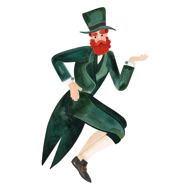 Leprechaun in a green suit and top hat Ireland Red bearded man Isolated watercolor illustration