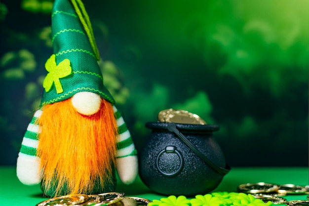 leprechaun in green suit with red beard on green background st patrick day traditional holidays