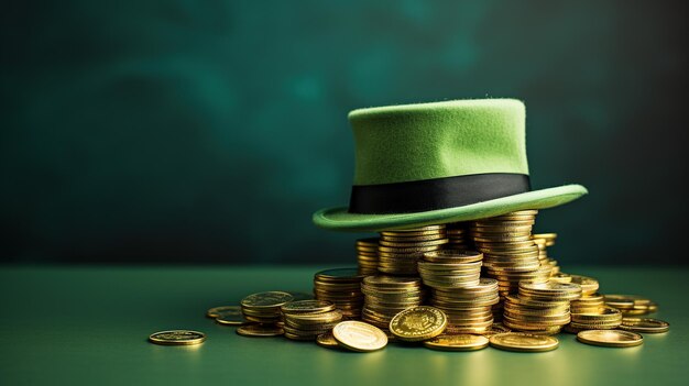 A leprechaun hat atop a pile of gold coins against a dark green background invoking themes of luck