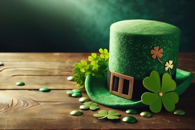 A leprechaun hat full of gold and green clover leaves Patricks Day on a wooden