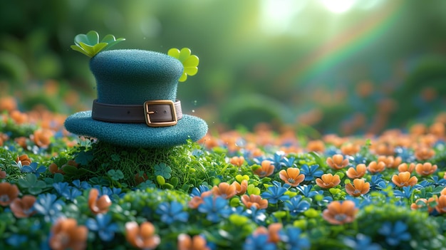 Foto il cappello del leprechaun si trova circondato da un colorato campo di foglie di ciambella