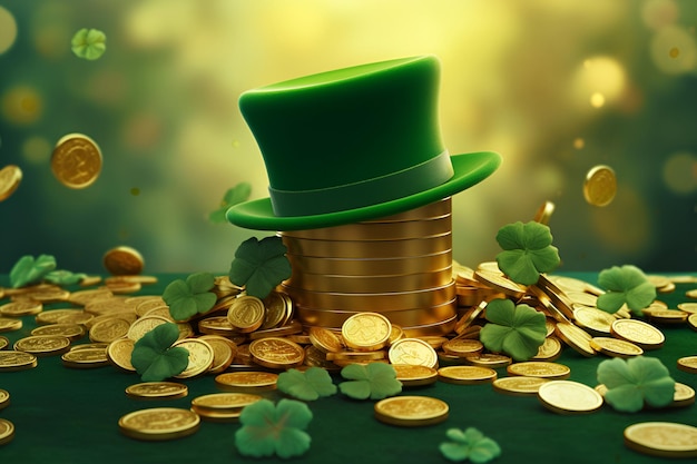 Leprechaun hoed klaver bladeren en gouden munten Patrick's Day