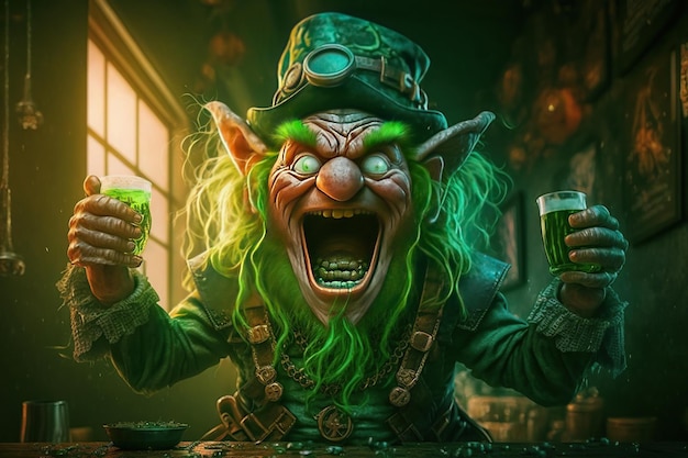 A leprechaun holding a glass of green beer in a bar
