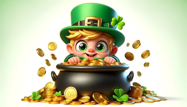 Leprechaun and pot of bills for st patricks day