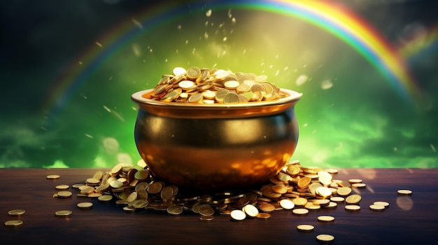 Leprechaun pot of gold and luck rainbow backdrop st patricks day illustration generative ai