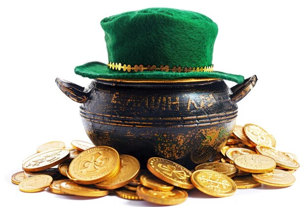 Foto vaso di leprechaun con monete d'oro e cappello di leprecaun isolato su sfondo bianco disegno del giorno di patricks