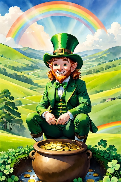 Foto leprechaun seduto su una pentola d'oro