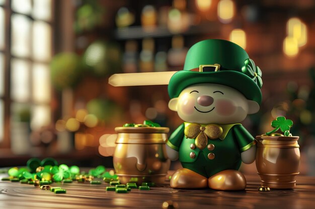 Leprechaun speelgoed met gouden pot van klaver op houten tafel