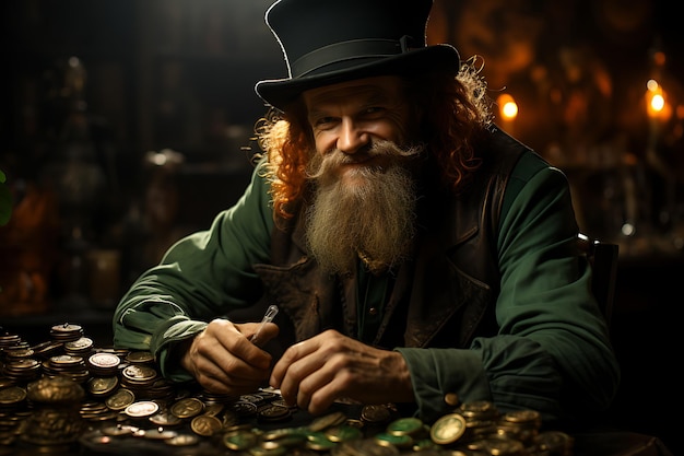 A leprechaun wearing a green top hat on his head next to a pile of gold AI generated