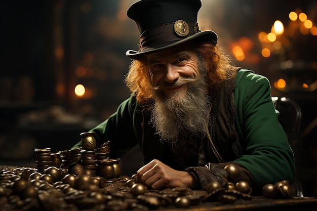 A leprechaun wearing a green top hat on his head next to a pile of gold AI generated