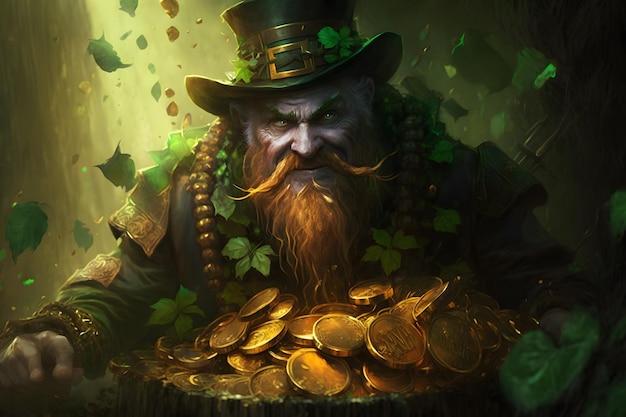 A leprechaun with a bunch of gold coins in his hands.