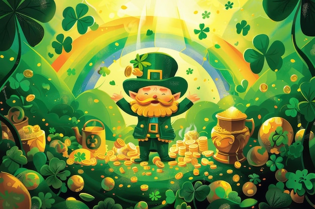 Leprechaun with gold coins and pot of gold St Patricks Day illustration