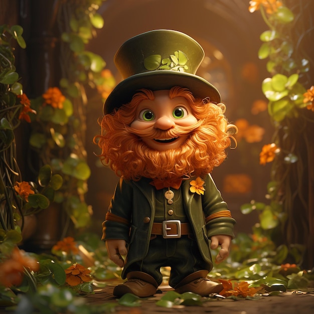 Leprechaun with pot of gold St Patricks day green shamrock leaves irish holiday mythology of Ireland